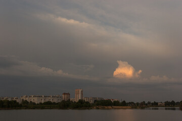 Wall Mural - white yacht on sea surface and storm clouds