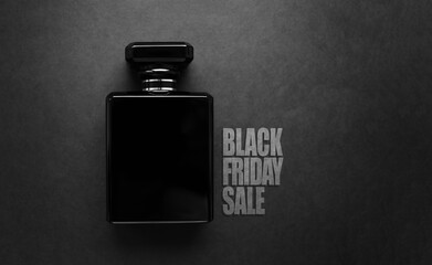 Black friday sale text and perfume bottle, on black texture background.