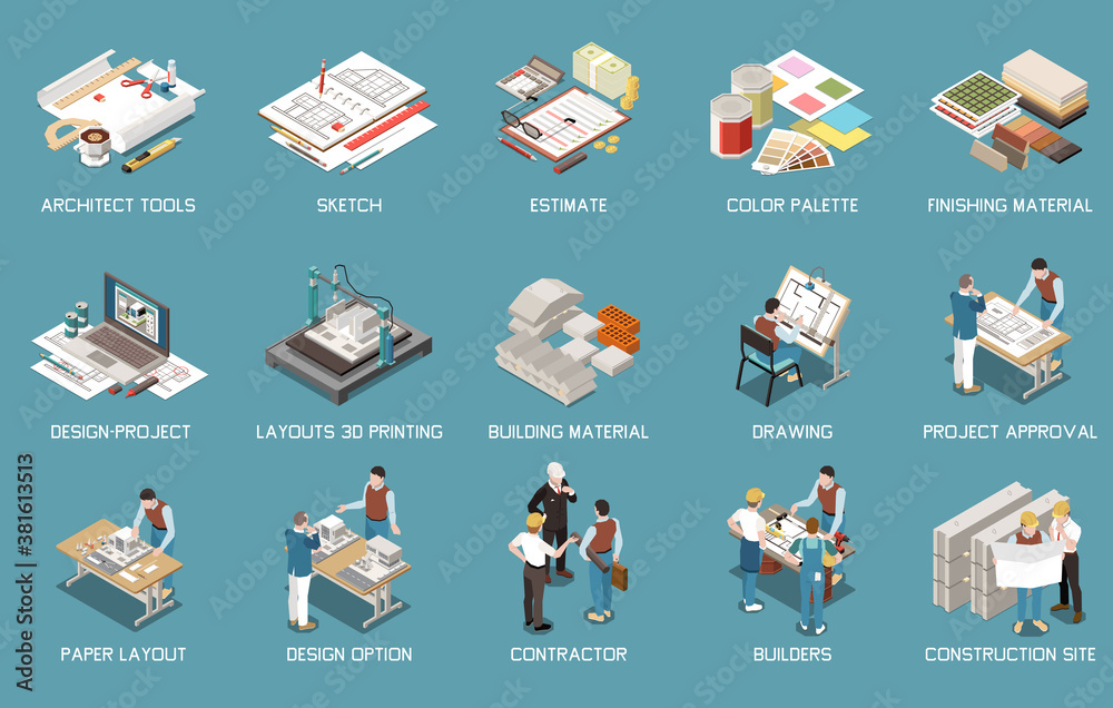 Architect Isometric Icon Set Stock Vector | Adobe Stock