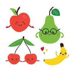 Wall Mural - Set, collection of cute fruit characters happy and smiling. Apples, pear, cherry, banana cartoon characters icons. 
