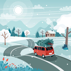 Wall Mural - Car with christmas tree on the road. Cute winter landscape. Vector illustration in flat style
