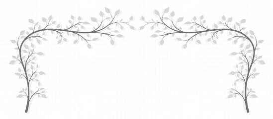 Two tree branches in the shape of an arch with leaves and shade in vintage style on a white background