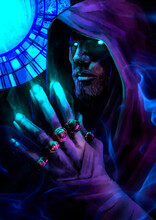 A Magician Man With Bright Turquoise Eyes Folded His Hands Finger To Finger, From Which Magic Flows, He Looks Directly At The Viewer. 2D Illustration