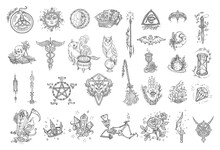 Witchcraft Kit. Magic Occult And Alchemical Symbols. Halloween Mysticism Set. Esoteric Astrological. Hand Drawn Sketch Vector Illustration.