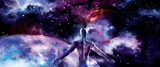 Fototapeta Kosmos - Humanity and the Universe abstract banner / Illustration color cosmos banner with planets, stars and a man stretching out his hands. Digital painting