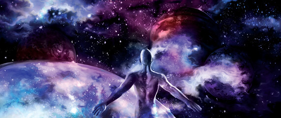 Wall Mural - humanity and the universe abstract banner / illustration color cosmos banner with planets, stars and
