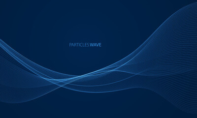 Wall Mural - Wave of flowing particles over dark modern relaxing illustration. Round shining dots vector abstract background. Beautiful wave shaped array of blended points.