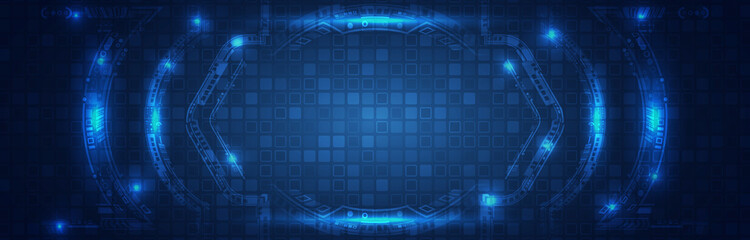 Wide Hi-tech vector illustration with various technology elements. Cyber security internet and networking concept. Digital internet communication on blue background. Abstract global sci fi concept.