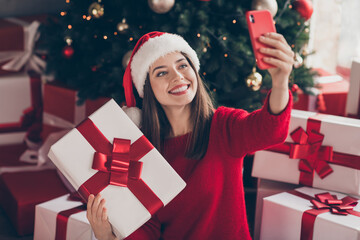 Poster - Portrait of her she nice attractive pretty cheerful cheery girl holding in hand giftbox taking making selfie Eve Noel having fun blogging in decorated house apartment indoor