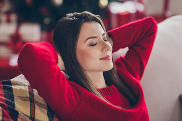 Sticker - Close up photo of calm girl sit couch sleep stretch hands in house indoors x-mas newyear relax concept