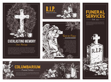 Funeral Service Vector Hand Drawn Set Of Banners. Sketch Black Illustration For Condolence Card And Advertising Of Columbarium And Cemetry With Urn For Ashes, Vintage Tombstone Angel. Rip Massage