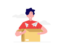Flat Design Vector Illustration Of Man Opening Box Or Unboxing Concept