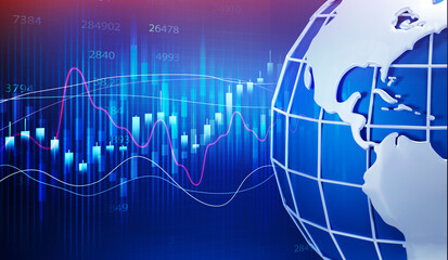 Poster - Global Economy, World Globe Over Blue Background With Financial Graphs
