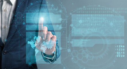 Poster - Modern Technologies For Business. Unrecognizable businessman pushing button on virtual infographic screen