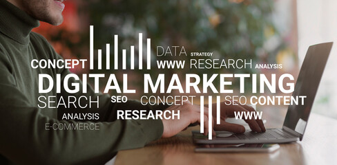 Poster - Digital Marketing Specialist Working On Laptop Indoors, Collage With Text