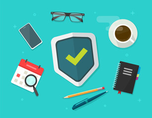 Poster - security protection concept shield on working desk business table vector flat lay, web virus digital