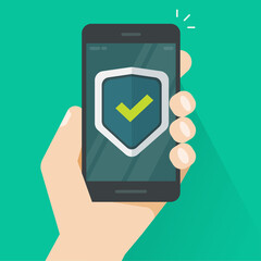 Poster - security protection shield on mobile phone guard online in hand vector icon flat cartoon, internet w
