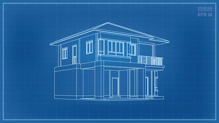 Poster - 3d perspective wireframe of house exterior. vector.