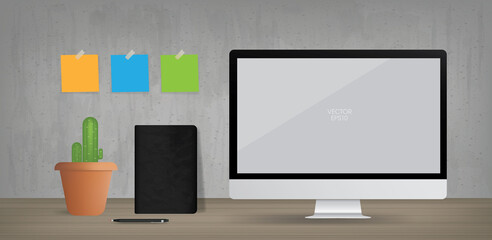 Computer display background in working area. Business background for interior design and decoration. Vector.