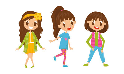 Poster - Cute Girls in Casual Clothing Standing and Posing Vector Set