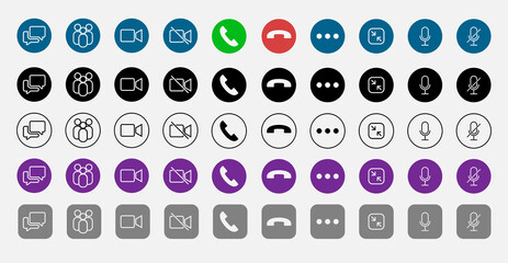 Poster - Set of Video call icons. Video conference. Collections buttons of on-line video chat app, internet talk, call technology. Web app ui display template. Videoconferencing and online meeting workspace