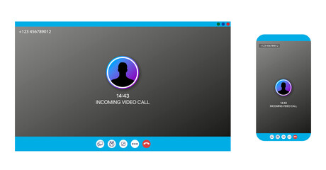 Poster - Two video call screens. Set of computer and mobile screens. Application for communication via internet. Vector minimalistic illustration.