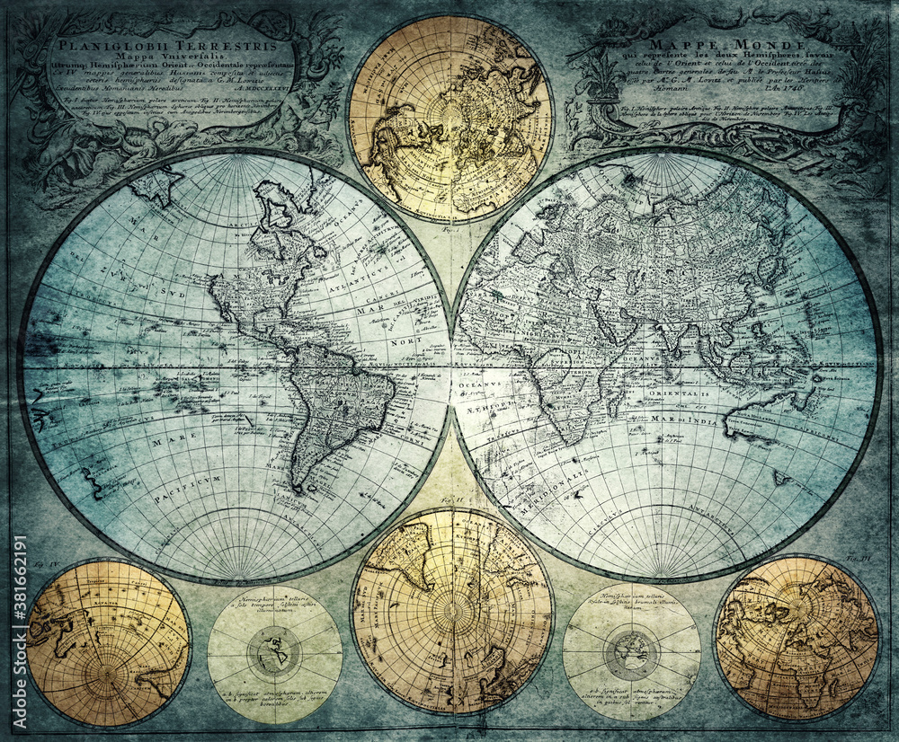 Old world map of the 18th century.  Concept on the theme of travel, adventure, geography, discovery, history. Pirate and nautical theme grunge background. - obrazy, fototapety, plakaty 