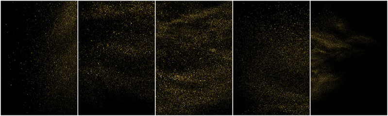 Wall Mural - Set of Gold Glitter Texture Isolated on Black Background. Golden stardust. Amber Particles Color. Sparkles Rain. Vector Illustration, Eps 10.