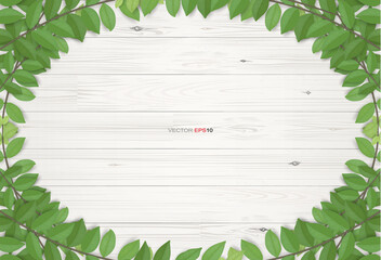 Sticker - Wood texture background with green leaves.  Vector illustration.