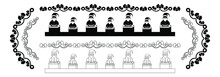 Christmas Frieze, Border. Santa Claus Coming Out Of The Fireplace And Garland Of Angels. Decorative Element Black And White. 