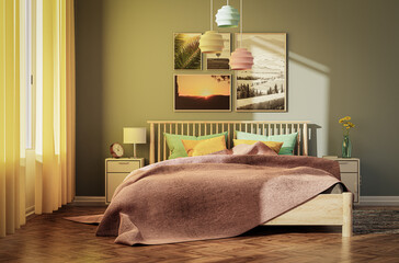 Wall Mural - Cozy bedroom in scandinavian style in mint, orange and pink color tones