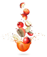 Whole and chopped ripe apples are falling in splashes of juice on a white background