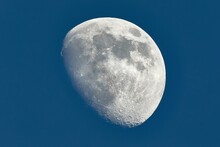 The Moon Detailed Shot In Blue Daylight Sky, Taken At 1600mm Focal Length, Waxing Gibbous Phase, Blue Hour