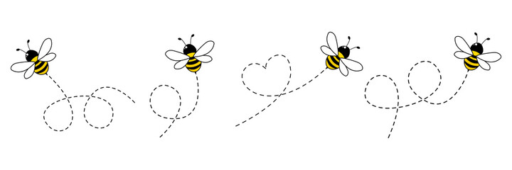 cartoon bee icon set. bee flying on a dotted route isolated on the white background. vector illustra