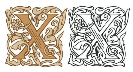 Wall Mural - Initial letter X with vintage Baroque decorations. Two vector uppercase letters X in beige and black-white colors. Beautiful filigree capital letter to use for monogram, logo, emblem, card, invitation