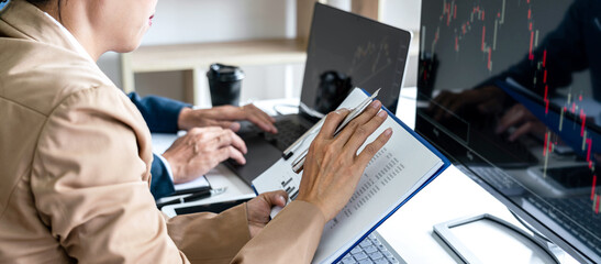 Poster - Business team investment working with computer, planning and analyzing graph stock market trading with stock chart data, business financial investment and technology concept