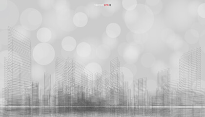 Poster - Outdoor abstract background of wireframe perspective with light blurred bokeh background. Vector.