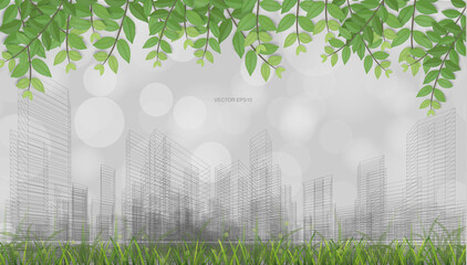 Poster - Outdoor abstract background of wireframe perspective rendering with green leaves, grass field and light blurred bokeh background. Vector.