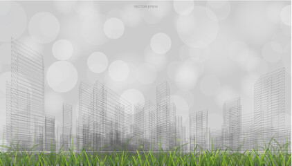 Poster - Outdoor abstract background of wireframe perspective rendering with grass field and light blurred bokeh background. Vector.