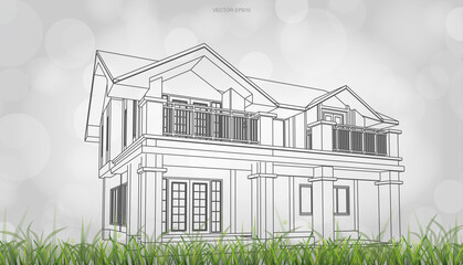Poster - Conceptual image of house perspective render. 3D wireframe rendering with light blurred bokeh background. Vector.