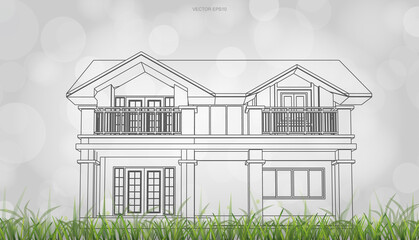 Poster - Conceptual image of house perspective render. 3D wireframe rendering with light blurred bokeh background. Vector.