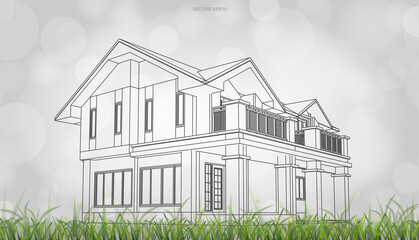 Poster - Conceptual image of house perspective render. 3D wireframe rendering with light blurred bokeh background. Vector.