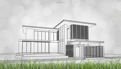 Poster - Conceptual image of house perspective render. 3D wireframe rendering with light blurred bokeh background. Vector.