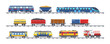Set of freight train with wagons, tanks, freight, cisterns. Railway locomotive train with oil wagon, transportation cargo, railway transport locomotive, subway metro vector
