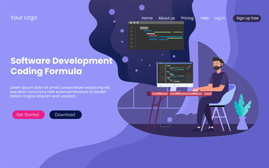 software developers do the coding on the computer with programming script flat illustration