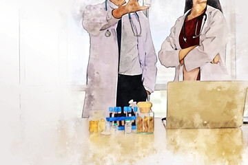 Abstract happiness teamwork doctor talking and discuss in hospital on watercolor illustration painting background.