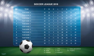 Soccer table with background of sport stadium. Vector.