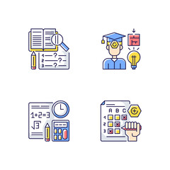 Sticker - Computational test RGB color icons set. Reading and short answer exam. Proficiency testing. Graduating university. Isolated vector illustrations