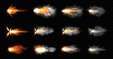 Gun Flashes With Smoke And Fire Sparkles. Pistol Shots Clouds, Muzzle Shotgun Explosion. Blast Motion, Weapon Bullets Trails Isolated On Black Background. Realistic 3d Vector Illustration, Icons Set