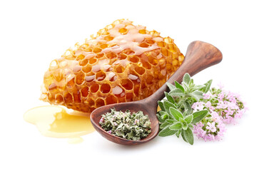 Wall Mural - Honeycomb with thyme tea in white background